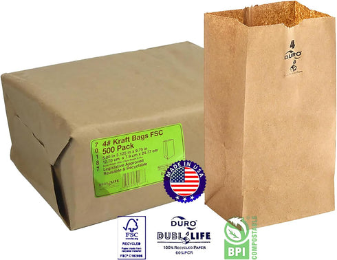 (500ct, 4 lb) Kraft Paper Bags FSC - MADE IN USA