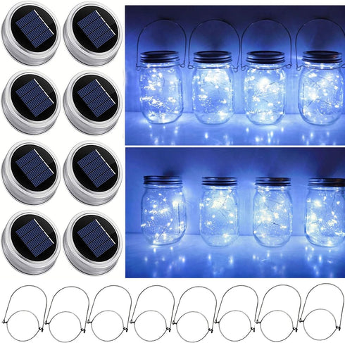 Solar Mason Jar Lid String Lights, 8 Pack 20 LED Fairy Firefly Lights with Hangers for Patio Garden Wedding Decor