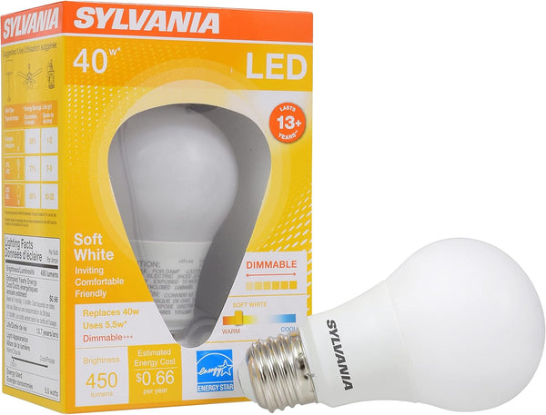 Sylvania A19 LED Light Bulb, 5.5W, 40W Equivalent, 13 Year, Dimmable, 450