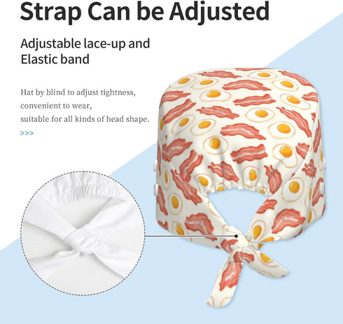 Nurse Scrub Cap Men Women with Buttons - Cartoon Bacon Egg Print Soft Comfy Surgical Cap, Adjustable Tie Back Scrub