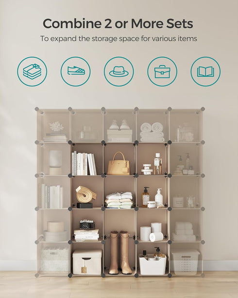 SONGMICS Cube Storage Organizer, Set of 16 Plastic Cubes, 12.2 x 48.4 x 48.4 Inches, Camel Brown for Room Organization