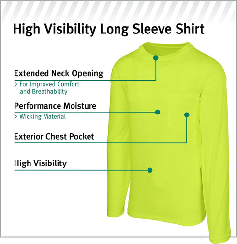 Safety Works High Visibility Long Sleeve Shirt with Pocket, Performance Wicking Material, Yellow, Large (SW46406-L)