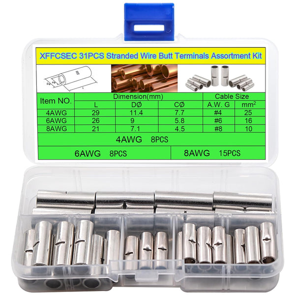 Stranded Wire Butt Connector, 3 Types Gauge Bullet Type Butt Crimp Terminals AWG 4,6,8 for Automotive/Boat/Truck