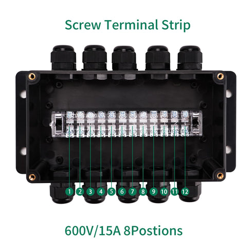 ABS IP67 Waterproof Dustproof Electrical Junction Box, with 15A 600V Barrier Terminal Cable Connector, 5 in/5 Out