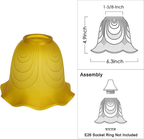 1-5/8-inch E26 Amber Glass Lamp Shade Replacement with Bell Shaped, Fitter Opening for Base, Replacement Glass