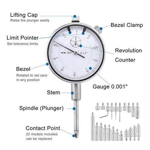 Mornajina Dial Indicator with Magnetic Base, 0-1.0" Tester Gage, 0.001" Precision