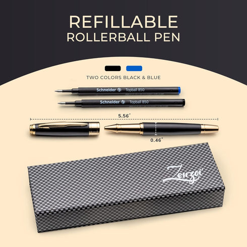 ZenZoi Matte Black & Gold Pen - Elegant Executive Rollerball Pen, Luxury Gift Set for Men, Women, Fine Point Gel Ink