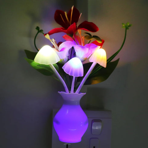 2 AUSAYE PCS Plug-in Night Light with Auto Light Sensor,RGB LED Mushroom Night Light Wall Red Lily Flower Lamp Energy