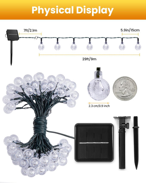 60 36FT 8 Solar String Lights Outdoor LED with Lighting Modes, Waterproof Solar Powered Crystal Globe Patio Lights
