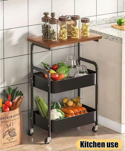 Mamba Travel 3-Tier 30in 2 Rolling Kitchen Cart - Lightweight Storage Cart with Solid Wood Tabletop & Lockable Wheels