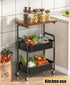 Mamba Travel 3-Tier 30in 2 Rolling Kitchen Cart - Lightweight Storage Cart with Solid Wood Tabletop & Lockable Wheels