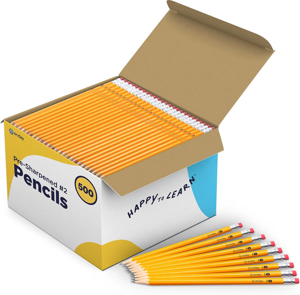Enday #2 Pencils Bulk - 500 Pack, Pre-Sharpened Wood-Cased Yellow Pencils with Latex-Free Eraser Top