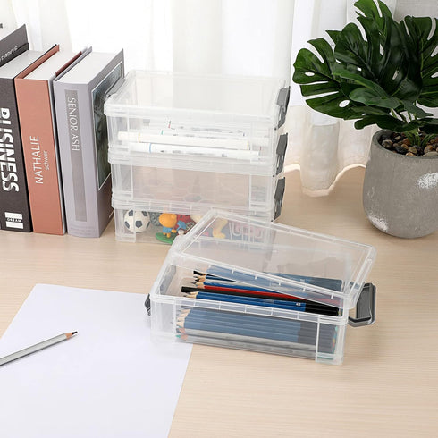 BTSKY 4 Pack Extra Large Capacity Plastic Pencil Box, Stackable Translucent Clear Storage Organizer for Office Supplies