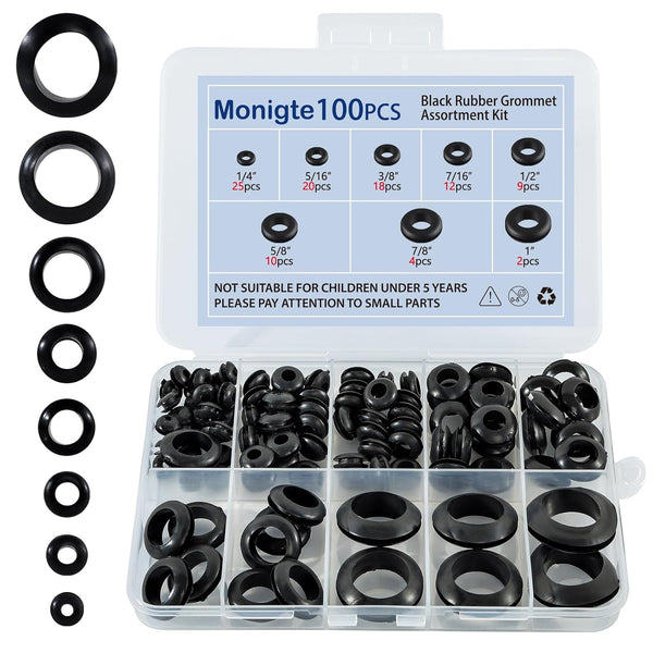 Monigte 100PCS Rubber Grommet Kit, 8 Sizes Hollow Firewall Hole Plug Assortment, Rubber