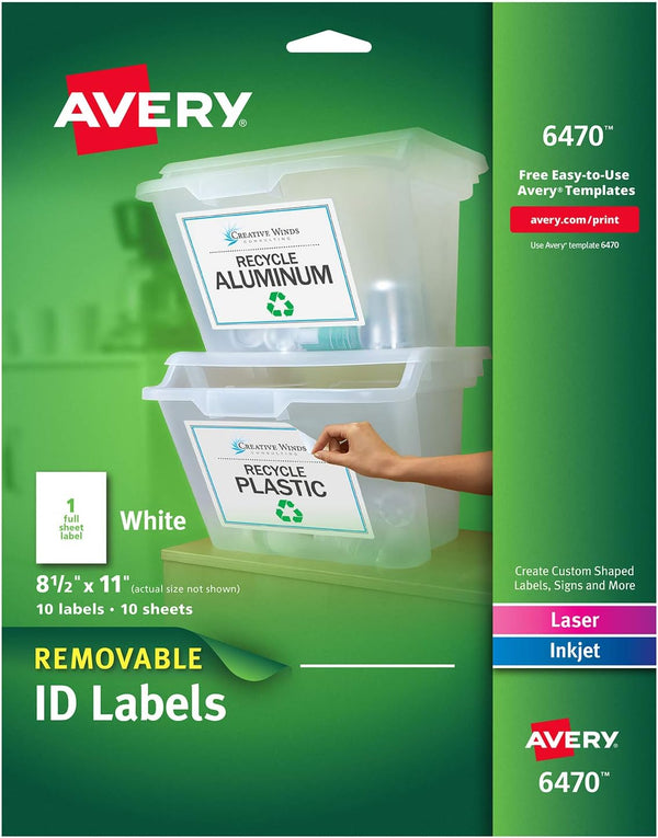 Avery White Removable Multipurpose Labels, 8.5 x 11 Inches, Pack of 10 (06470)
