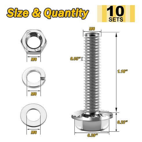 M6-1.0 x 30mm (10 Sets) Flanged Hex Head Bolts, M8 Bolt Flange Hexagon Screws with Nuts and Washers, 304 Stainless Steel 18-8 Metric Bolts, DIN 6921, by Mywish
