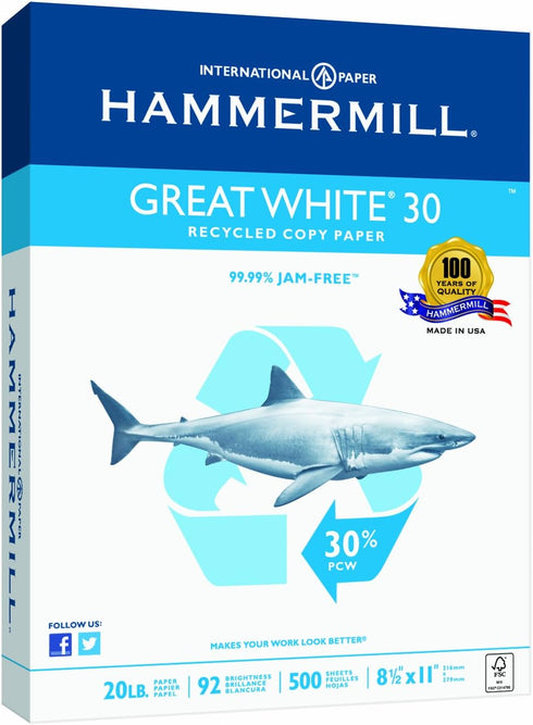 Hammermill Printer Paper, Great White 30% Recycled – 8.5 x 11 - 92 Bright, 1 Ream (500 Sheets)