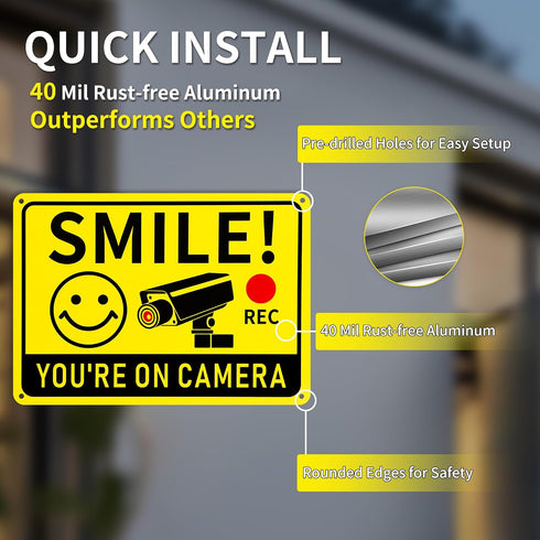 2 Pack 10"x7" Smile You're on Camera Signs Video Surveillance Signs Outdoor, Rust-Free Aluminum Warning Sign, UV