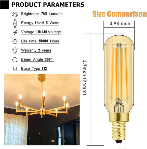 E12 Dimmable 8W 75 2700K T6 T25 E12 Bulb AC120V 750LM e12 Bulb 6Pack Leools LED Equal watt Amber Warm White Candelabra