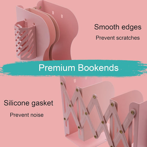 Expandable Metal Bookends - Adjustable Book Ends for Heavy Books, Desk Organizer Holder for Home and School