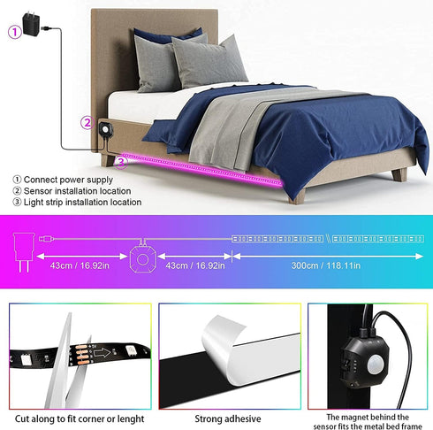 9.84ft 5050 Dimmable Motion Activated Under Bed Lights, RGB Color Changing LED Strip Lights with Sensor, APP Control