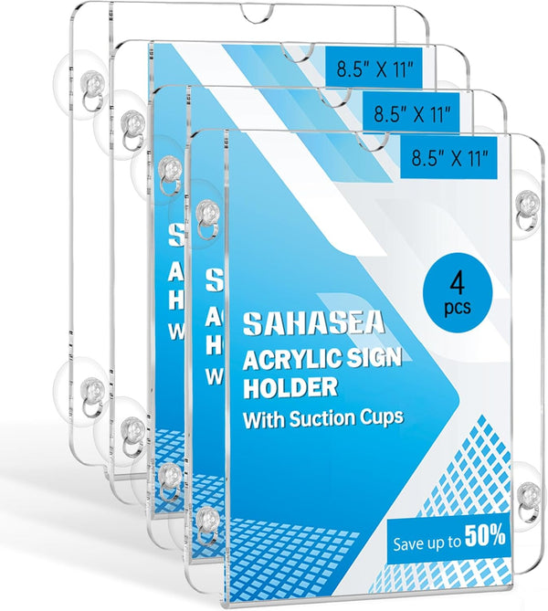 Sahasea Acrylic Window Sign Holder Suction Cups 8.5 x 11, 4 Packs Clear