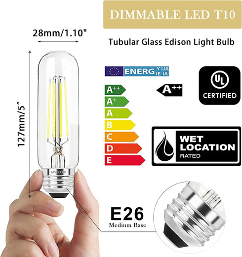 5 Inch Bulb, 5000K E26 Bulb 6W Dimmable, 800LM T10 T9 Bulbs, 120V 80 Bulbs 4Pack Edison Daylight White Led Clear Glass