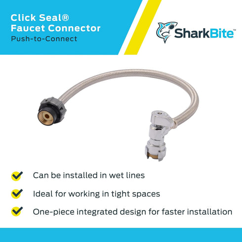 SharkBite 1/2 Inch Angle Stop x 1/2 Inch NPSM Click Seal Faucet Connector, 20 Inch, Push to Connect Brass Fitting