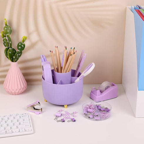 SKYDUE Purple Office Supplies Set, 10PCS Purple Desk Accessories, Pencil Holder, Stapler, Tape Dispenser, Scissors