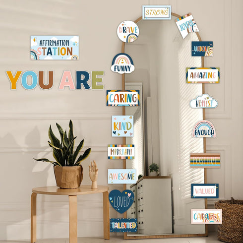 Boho Affirmation Station Bulletin Board Set, Rainbow Bulletin Board for Classroom Decor with Motivational Accents