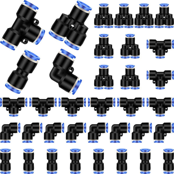 Push to Connect Fittings Air Line Fittings Kit, 60 Pieces Quick Release Pneumatic Connectors, Blue, 1/2 Inch OD