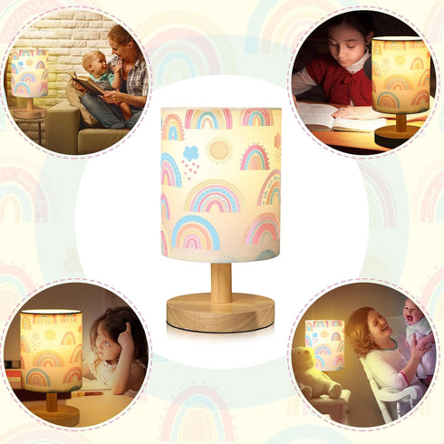 VIHOSE Rainbow Kids Table Lamp for Bedroom Kids Bedside Lamp with Linen Wooden Nightstand Cartoon Nursery Lampshade
