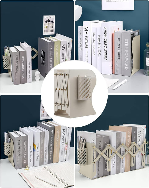 MSDADA Adjustable Bookends, Metal Book Ends for Heavy Books, Expandable Book Organizer with Pen Holder for Desk, Shelf
