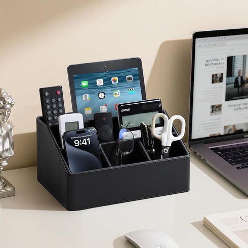 PU Leather Desk Organizer, Luxury Remote Control Holder for Home, Office Desk Accessories Table Caddy Bedside