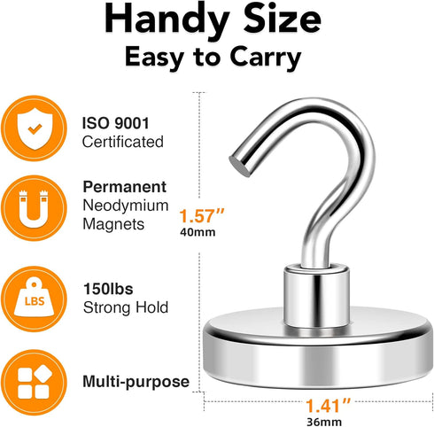 MIKEDE Heavy Duty Magnetic Hooks, 150Lbs+ Super Strong Neodymium Earth Magnets with Hook for Hanging - 4 Pack