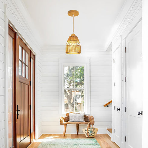 Boho Rattan Pendant Light Kitchen Island,Farmhouse Chandeliers Adjustable Height Hanging lamp for Dining Room,Small