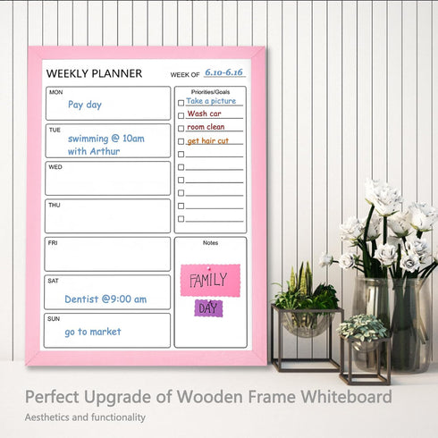 Dry Erase White Board Weekly Calendar Board, 18“x24" Solid Wood Pink Framed Message Board for Office