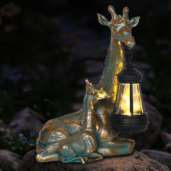 Solar Garden Decor - Mother Baby Giraffe Statue with Solar Lantern 9.7"