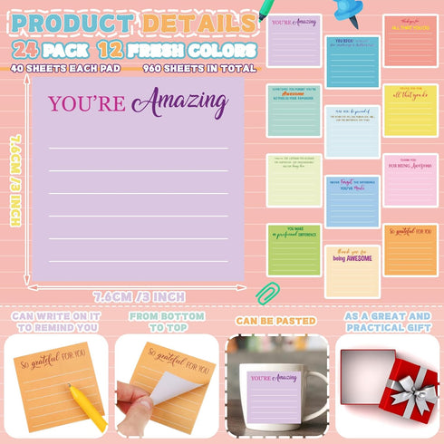 Yinder 24 Pcs Employee Appreciation Sticky Notes Thank You Gifts Bulk End of Year Teacher Gift Mini Pocket Inspirational Notepads for Coworker Graduation School Office Supply 3 x 3''(Pastel)