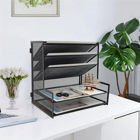 SETTFRFE Office Supplies Desk Organizer, Metal Desktop File Holder with 5-Tier Paper Tray, Black for Efficient Storage