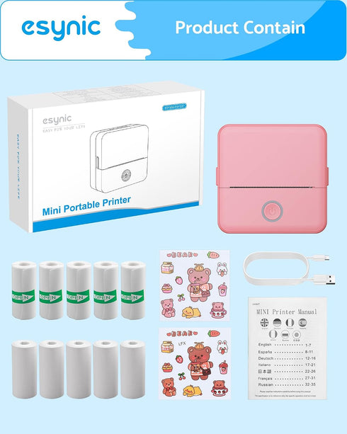 eSynic Printer-500mAh 10 Portable Mini Sticker USB-C Rechargeable-Bluetooth Mini Printer-Lnkless Printing-Comes