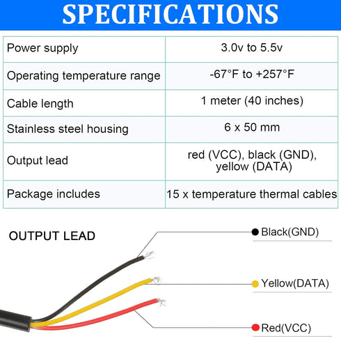 Weewooday DS18B20 1m/3.2Ft Digital Temperature Thermal Cable Waterproof Probe Sensor -55°C to +125°C, Compatible with