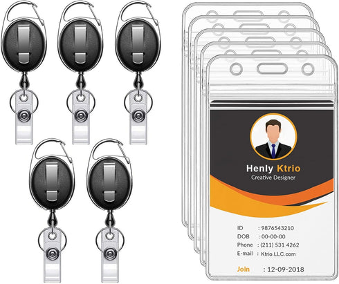 KTRIO ID Badge Holders with Clip - Vertical Clear Plastic ID Card Holders (2.5" x 3.4"), 5 Pack
