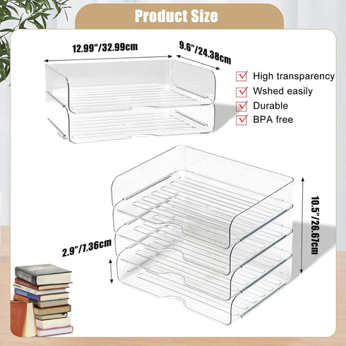 Clear Stackable Paper Trays 4 Pack, Desktop Racks with File Bags for Books, Magazines, and A4 Size Paper