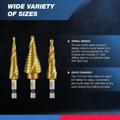 NEIKO 10181A Step Drill Bit Set, 3 Piece, Spiral Grooved for Faster Drilling, Unibit Cone Drill Bits