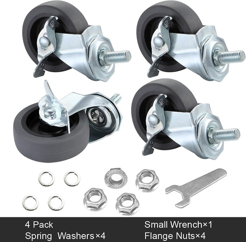 Caster Wheels Set of 4, 3" Locking Swivel Stem Casters with Brake, Rubber Casters with 360 Degree No Noise