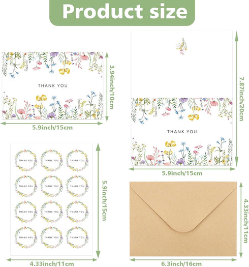 Abilat 24 Pack 4x6 Inch Floral Thank You Cards with Envelopes & Matching Stickers Blank Wildflower Thank You Notes