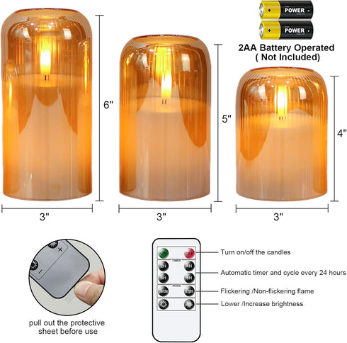 3D Decor(3Pcs, D3H4/5"/6") Eldnacele Gold Glass Flameless Candles with Remote and Timer, Battery Operated Wick