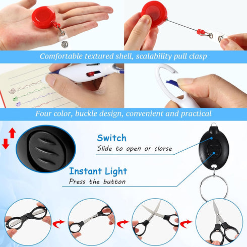 Glenmal 72 Pcs Badge Reel Pen Mini Highlighter Nurse Pens Set with Mini Scissors, LED Keychain Clip