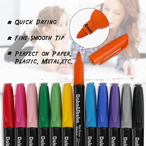 Dabo&Shobo Wet Erase Markers, 24-Count Smudge-Free Fine Tip, Erases With Water for Office, School, Home